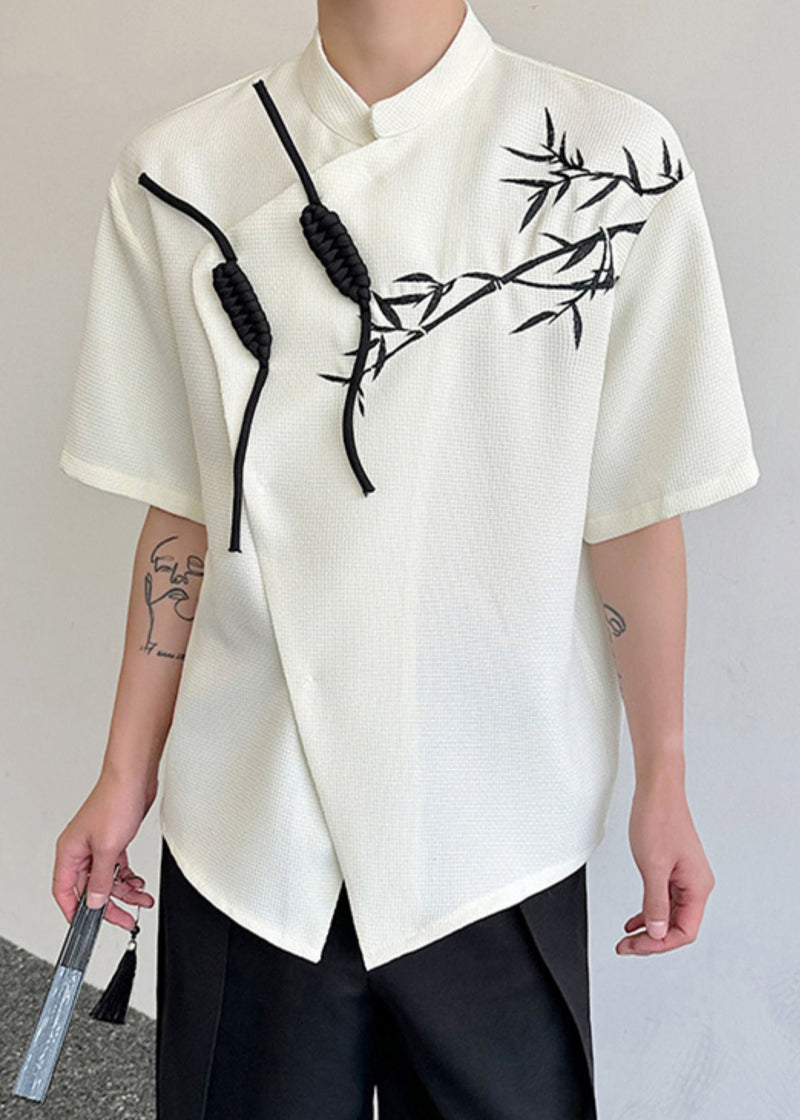 Chinese Style Beige Asymmetrical Print Cotton Shirts Summer