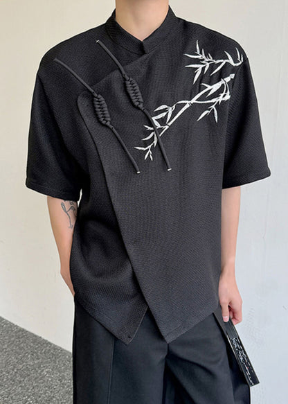 Chinese Style Beige Asymmetrical Print Cotton Shirts Summer