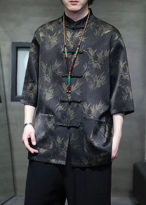 Chinese Style Black Button Pockets Ice Silk Shirt Summer