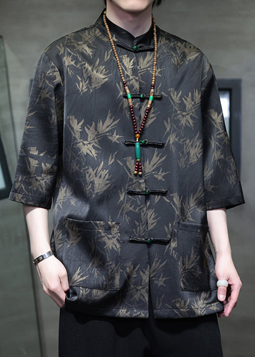 Chinese Style Black Button Pockets Ice Silk Shirt Summer
