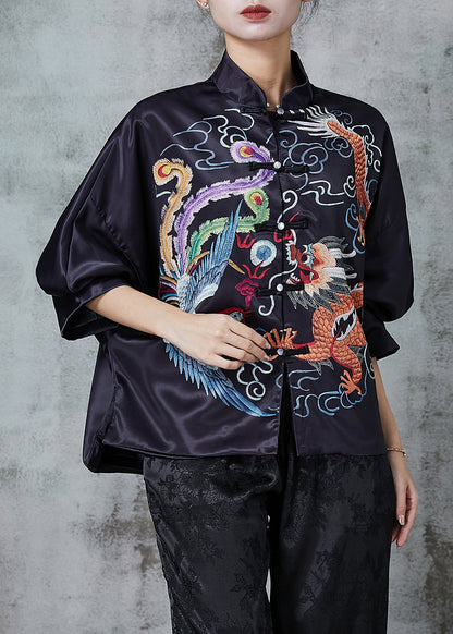 Chinese Style Black Dragon Print Silk Blouse Top Spring