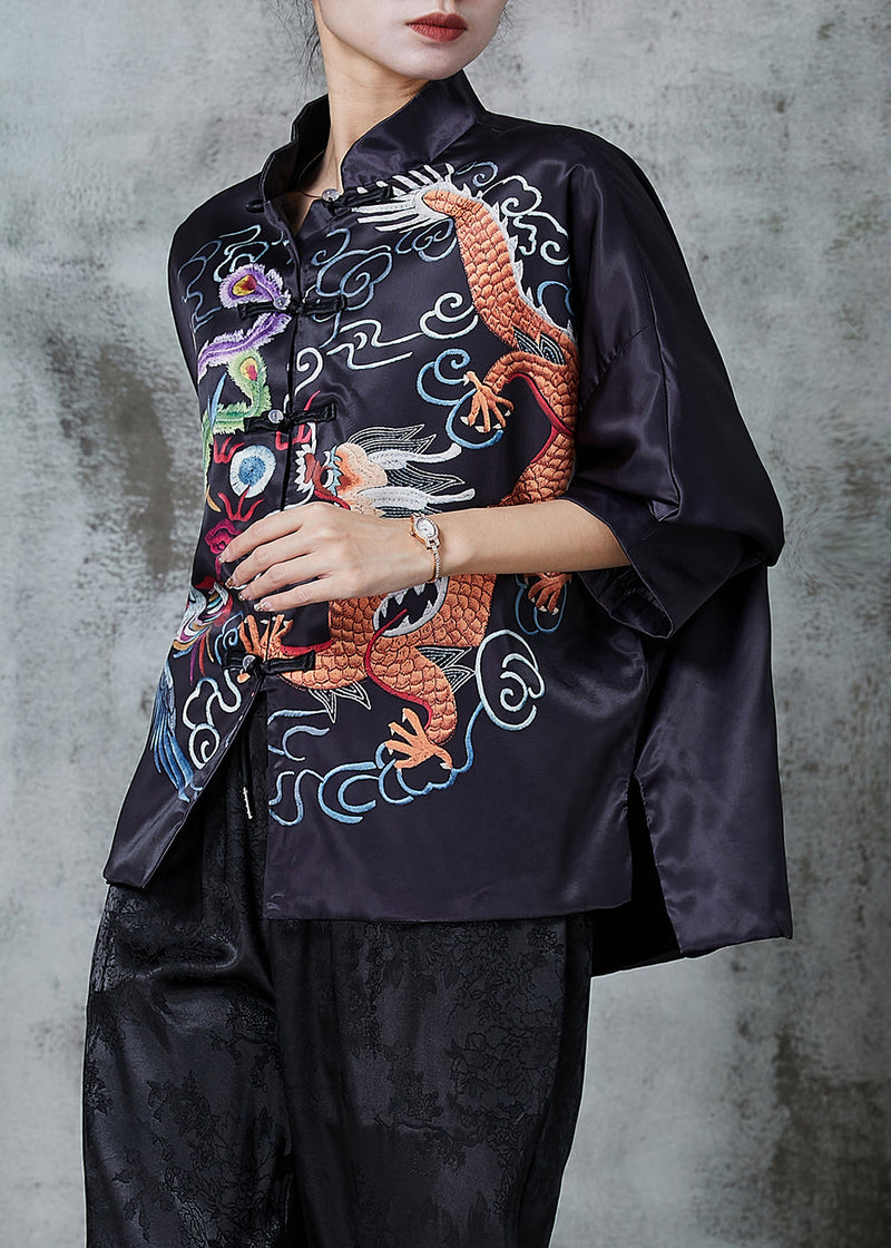 Chinese Style Black Dragon Print Silk Blouse Top Spring