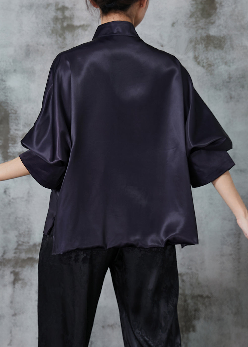 Chinese Style Black Dragon Print Silk Blouse Top Spring