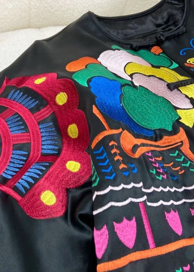 Chinese Style Black Print Button Silk Coats Spring