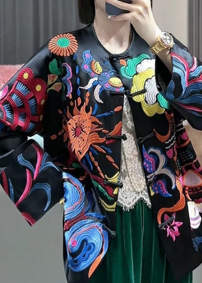 Chinese Style Black Print Button Silk Coats Spring