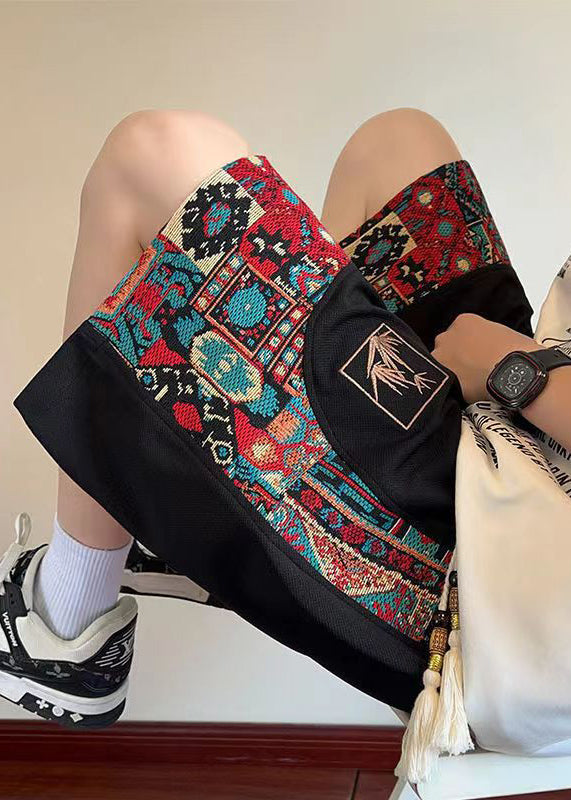 Chinese Style Black Embroideried Patchwork Cotton Shorts Summer