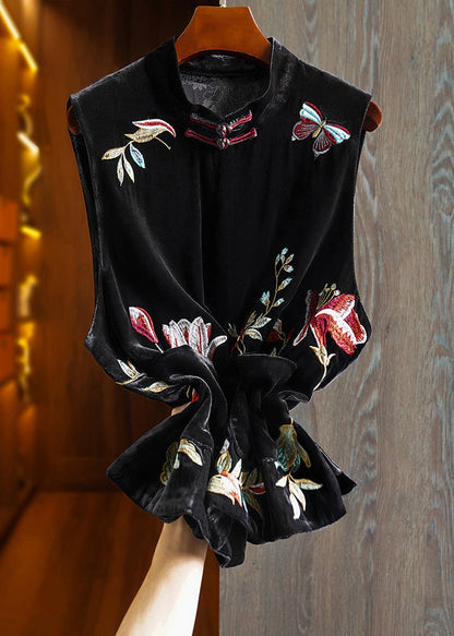 Chinese Style Black Embroidered Pockets Silk Velour Waistcoat Fall