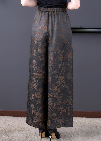 Chinese Style Black Lace Up Elastic Waist Silk Wide Leg Pants Summer