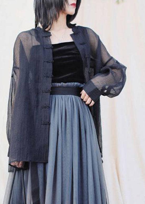 Chinese Style Black Mandarin Collar Button Pockets Tulle Coat Spring