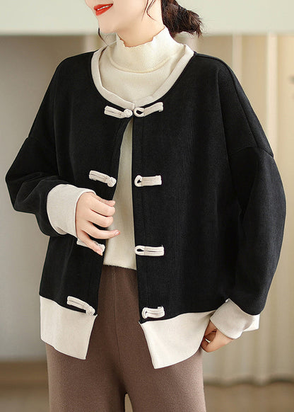 Chinese Style Black O Neck Oriental Button Warm Fleece Coats Fall