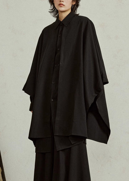 Chinese Style Black Peter Pan Collar Low High Design Shirt Batwing Sleeve