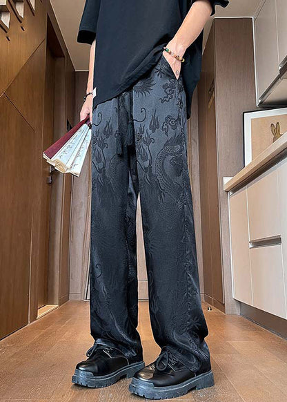 Chinese Style Black Pockets Jacquard Ice Silk Pants Summer