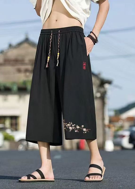 Chinese Style Black Pockets Print Elastic Waist Crop Pants Summer