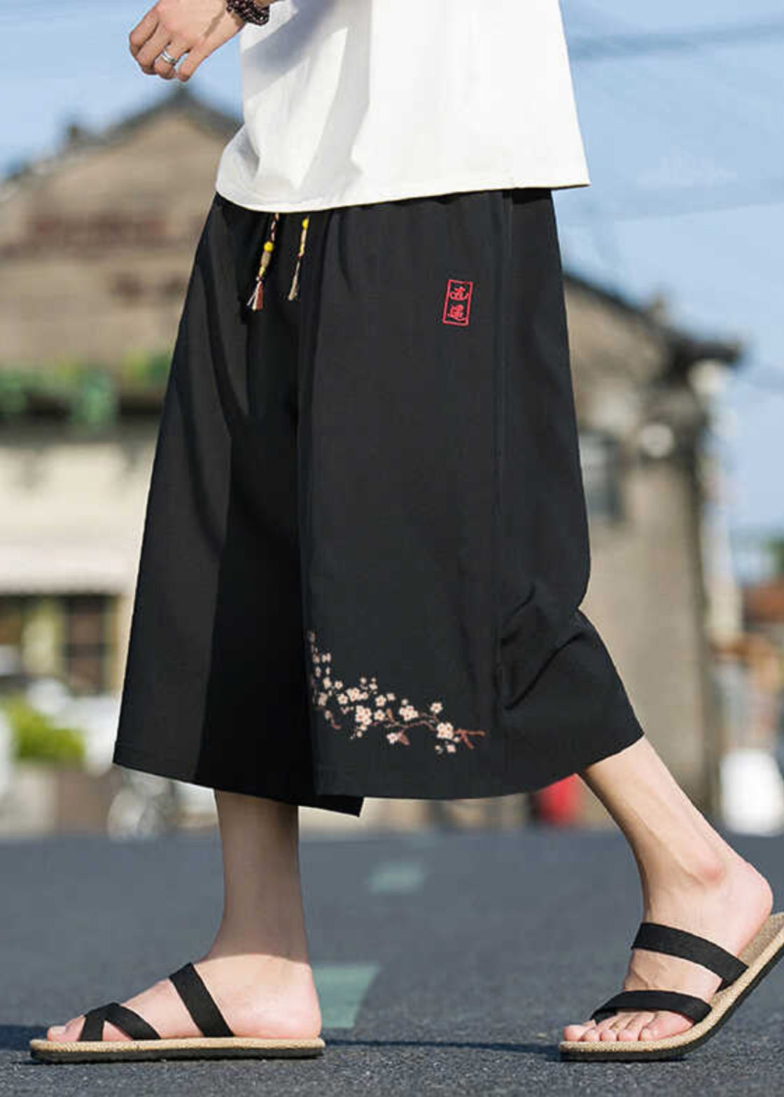 Chinese Style Black Pockets Print Elastic Waist Crop Pants Summer