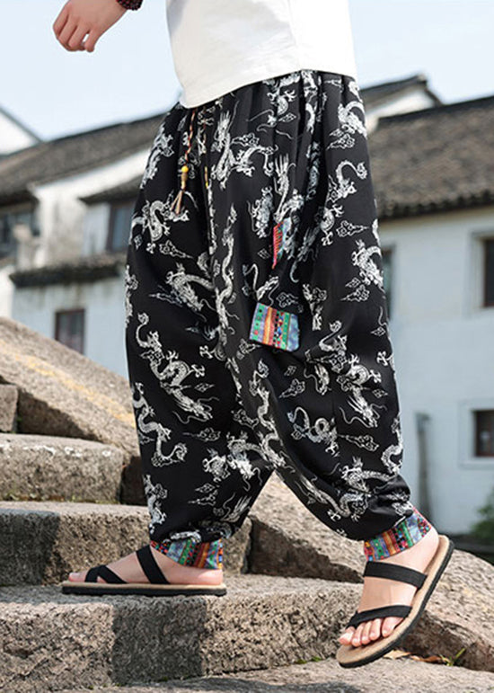 Chinese Style Black Print Ice Silk Loose Lantern Pants Summer