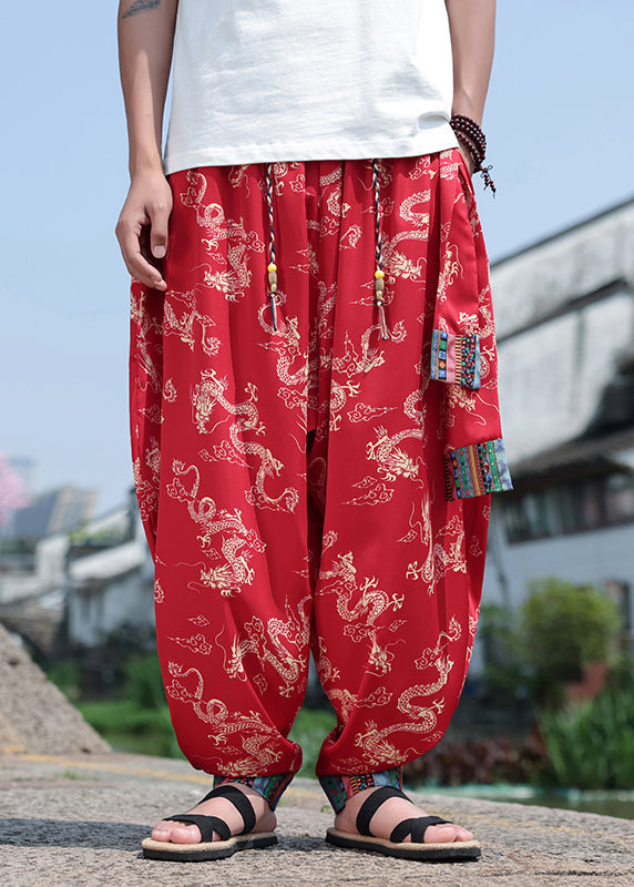 Chinese Style Black Print Ice Silk Loose Lantern Pants Summer