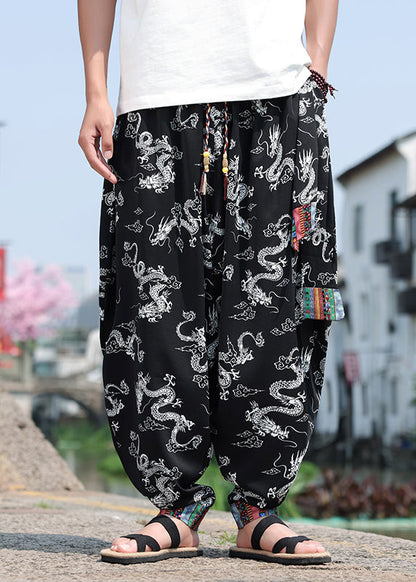 Chinese Style Black Print Ice Silk Loose Lantern Pants Summer