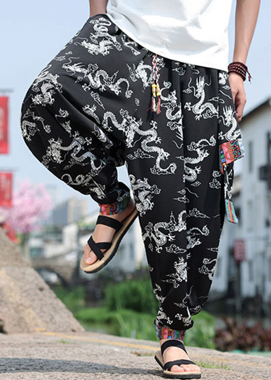 Chinese Style Black Print Ice Silk Loose Lantern Pants Summer