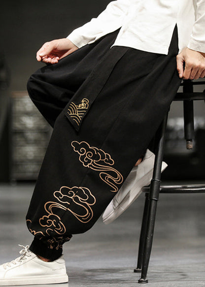 Chinese Style Black Print Lace Up Cotton Beam Pants Fall