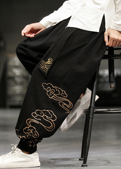 Chinese Style Black Print Lace Up Cotton Beam Pants Fall