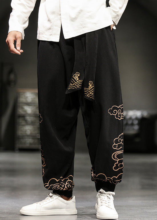 Chinese Style Black Print Lace Up Cotton Beam Pants Fall