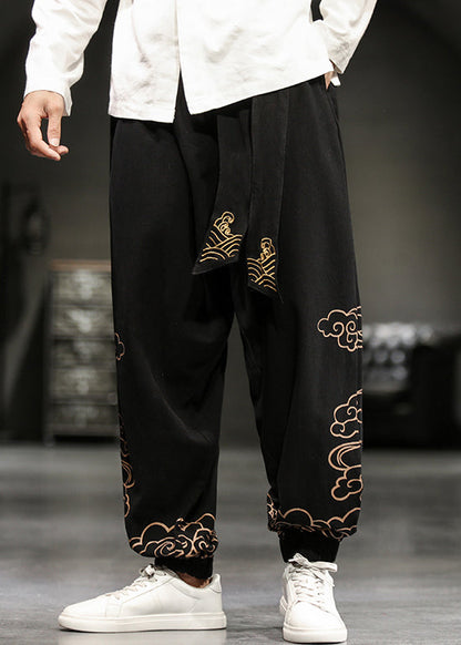 Chinese Style Black Print Lace Up Cotton Beam Pants Fall