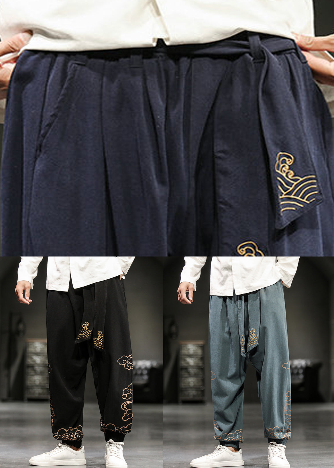 Chinese Style Black Print Lace Up Cotton Beam Pants Fall