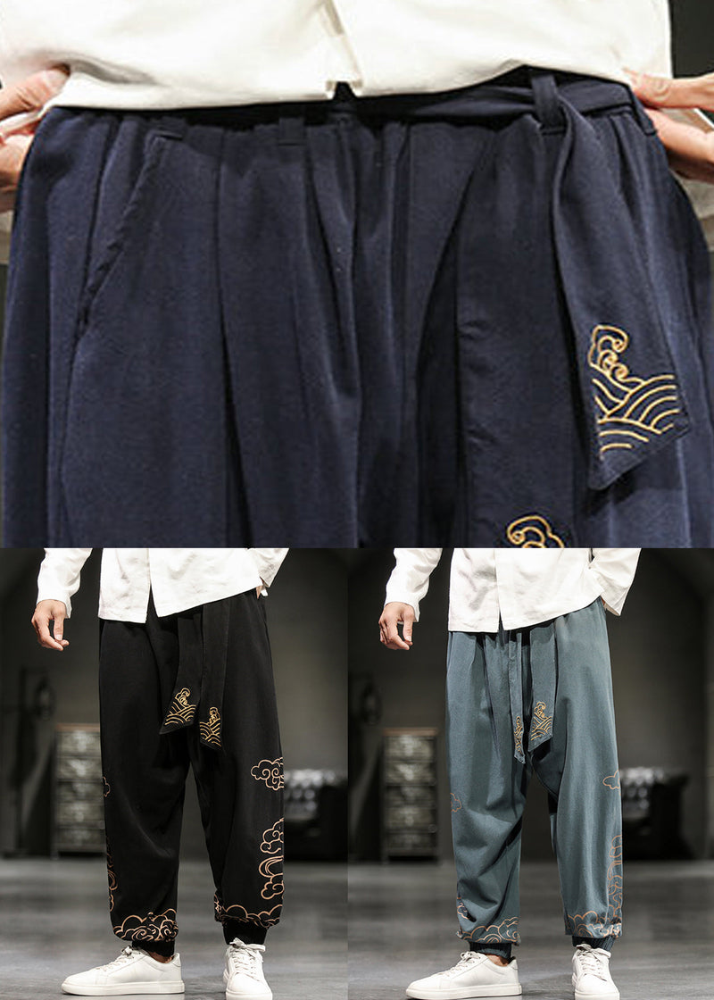 Chinese Style Black Print Lace Up Cotton Beam Pants Fall