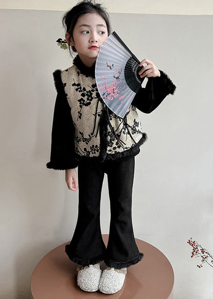 Chinese Style Black Print Warm Fleece Waistcoat Top and Pants Two Pieces Set Winter