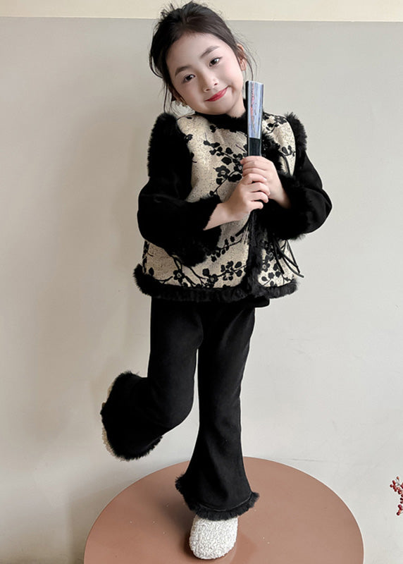 Chinese Style Black Print Warm Fleece Waistcoat Top and Pants Two Pieces Set Winter