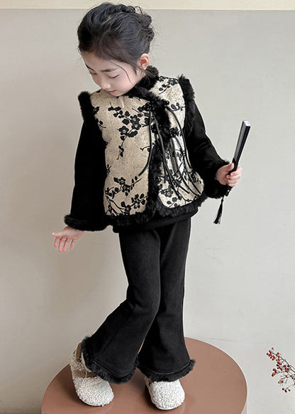 Chinese Style Black Print Warm Fleece Waistcoat Top and Pants Two Pieces Set Winter