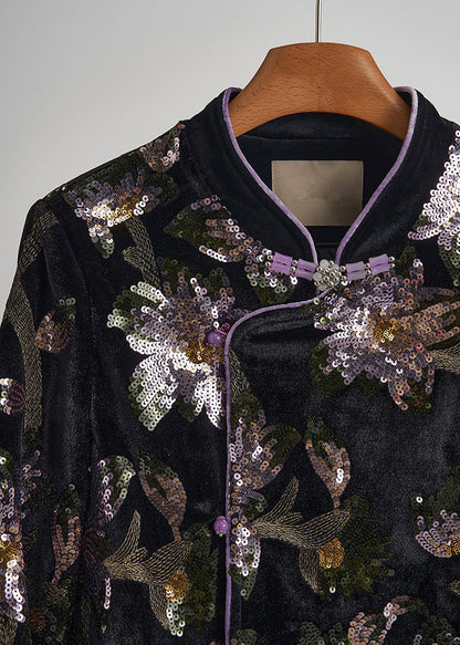Chinese Style Black Sequins Embroidered Silk Velvet Coats Spring