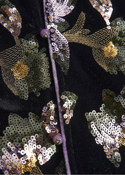 Chinese Style Black Sequins Embroidered Silk Velvet Coats Spring