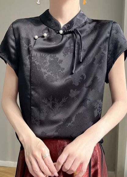 Chinese Style Black Button Silk Top Short Sleeve