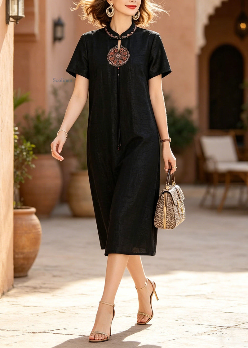Chinese Style Black Stand Collar Embroidered Silk Dresses Summer