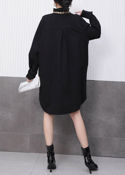 Chinese Style Black Stand Collar Mid Dress Fall