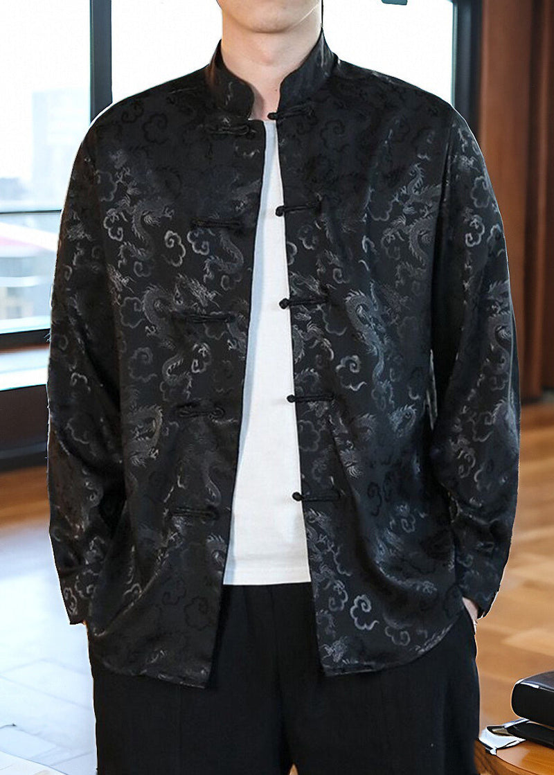 Chinese Style Black Stand Collar Print Button Silk Coats Long Sleeve