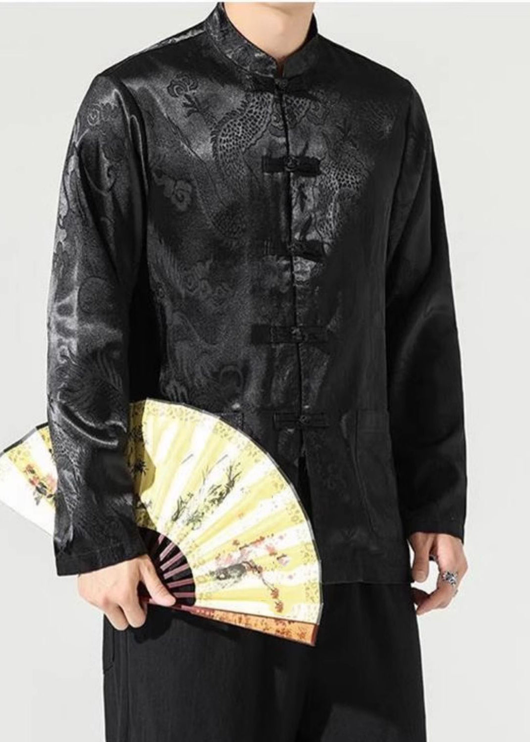 Chinese Style Black Stand Collar Print Button Silk Coats Long Sleeve