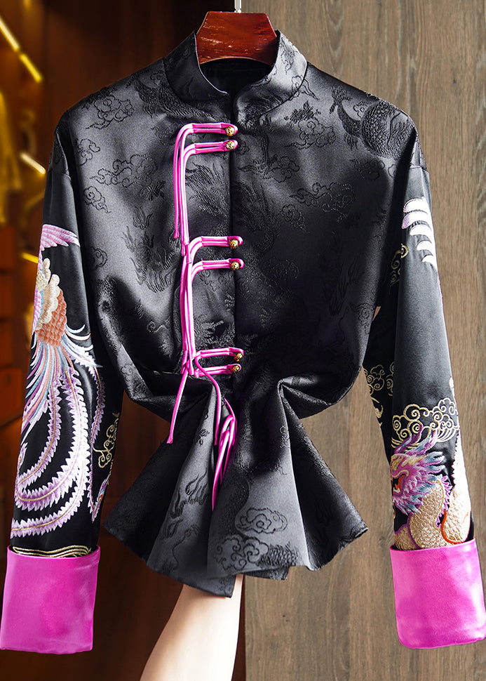 Chinese Style Black Stand Collar Tasseled Print Silk Coat Fall