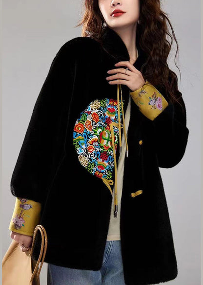 Chinese Style Black Tasseled Embroidered Leather and Fur Coats Spring