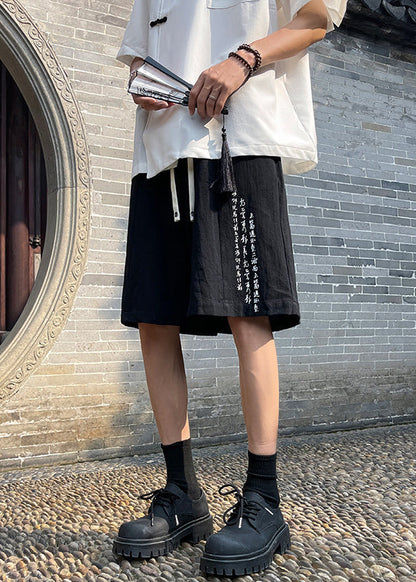 Chinese Style Black Thin Linen Pockets Shorts Summer