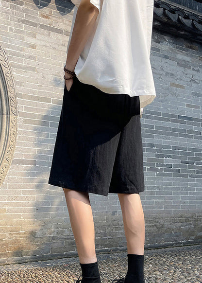 Chinese Style Black Thin Linen Pockets Shorts Summer