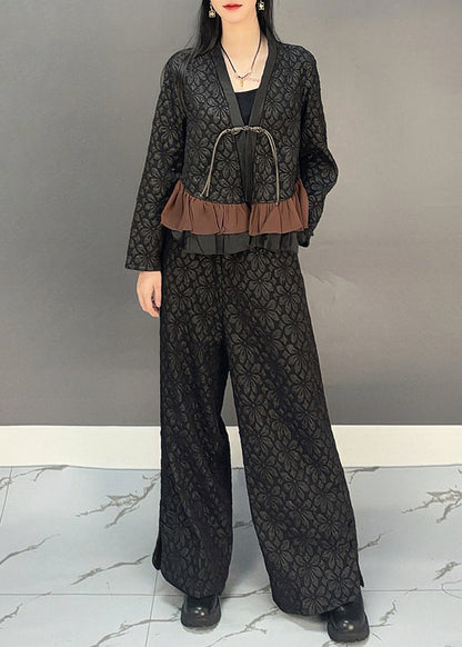 Chinese Style Black V Neck Button Top and Wide Leg Pants Two Pieces Set Spring