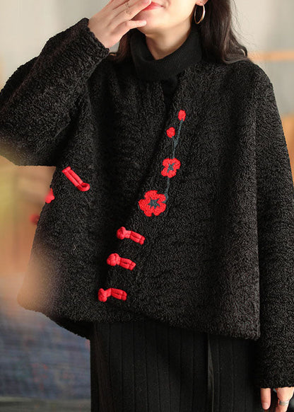 Chinese Style Black Button Embroideried Faux Fur Coats Long Sleeve