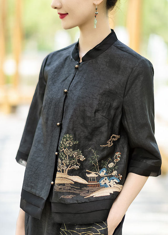 Chinese Style Black Button Embroideried Stand Collar Silk Coats Half Sleeve