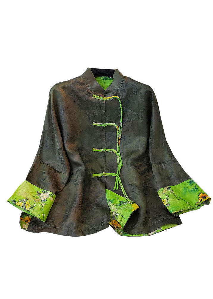 Chinese Style Black Button Stand Collar Jacquard Silk Coats Spring