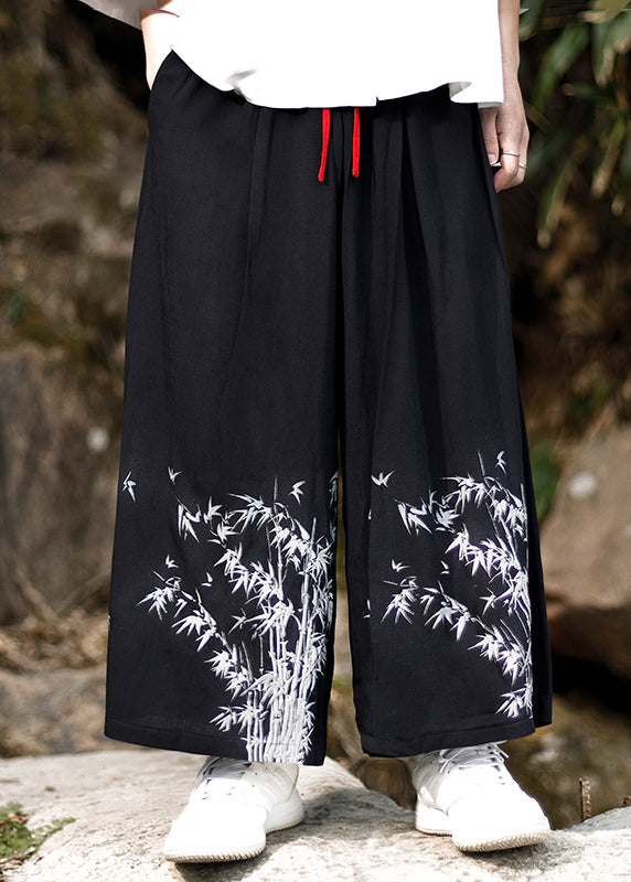 Chinese Style Blue Embroideried Pockets Cotton Wide Leg Pants Summer