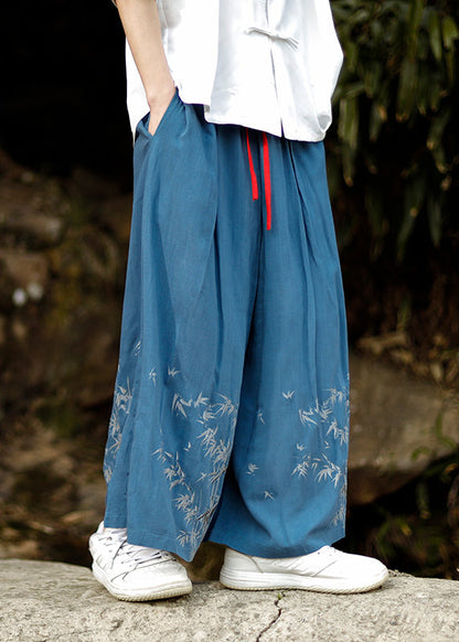 Chinese Style Blue Embroideried Pockets Cotton Wide Leg Pants Summer