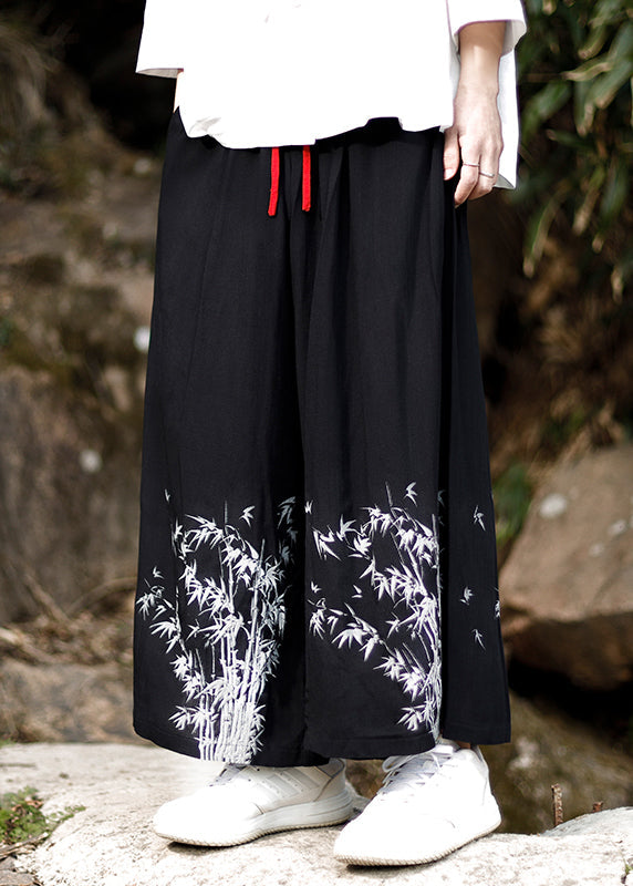 Chinese Style Blue Embroideried Pockets Cotton Wide Leg Pants Summer