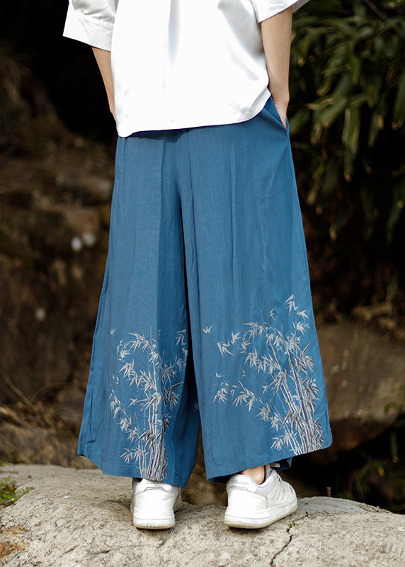 Chinese Style Blue Embroideried Pockets Cotton Wide Leg Pants Summer